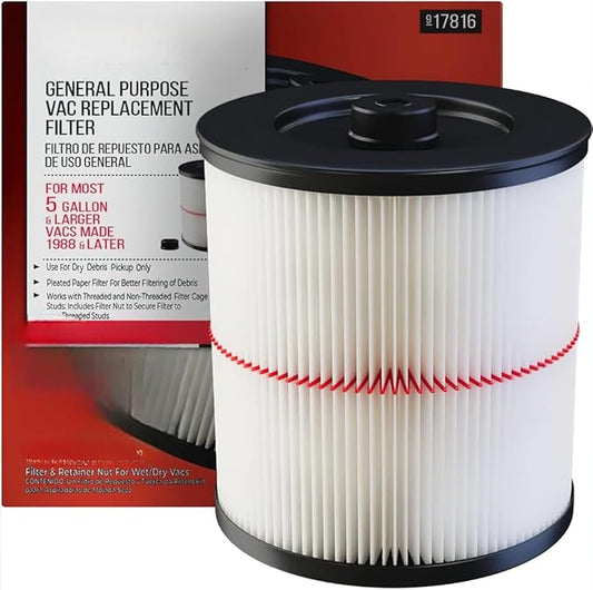 17816/9-17816 Red-Stripe Cartridge Filter Replacement – Compatible with Craftsman 5–32 Gallon Wet/Dry Shop Vac – Washable Pleated Vacuum Filter, 1 Pack