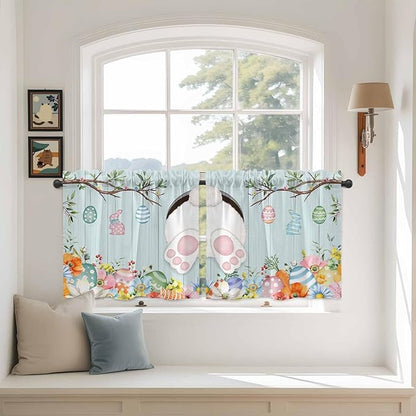 Easter Bunny Kitchen Tier Curtains 24 Inch Long 2 Panel Set,Rod Pocket Cafe Small Window Curtains Over Sink,Easter Eggs Spring Farmhouse Wood Grain Teal Blue Light Filtering Short Drapes 27.5"W x 24"L