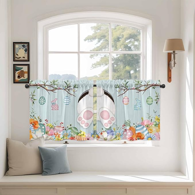 Easter Bunny Kitchen Tier Curtains 36 Inch Long 2 Panel Set,Rod Pocket Half Window Curtains Over Sink,Easter Eggs Spring Farmhouse Wood Grain Teal Blue Light Filtering Short Drapes Cafe 27.5"W x 36"L
