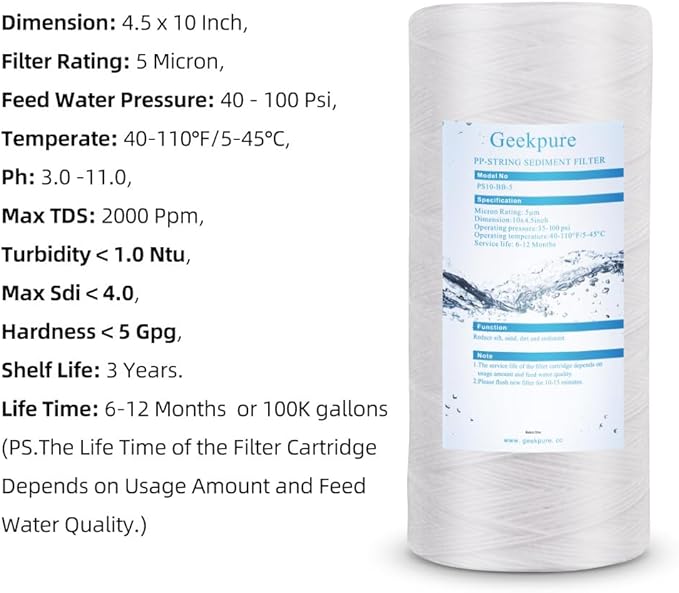 Geekpure 10 Inch String Wound PP Sediment Replacement Filter Cartridge for Whole House Water Filtration-4.5" X 10"-5 Micron-Pack of 4