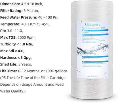 Geekpure 10 Inch String Wound PP Sediment Replacement Filter Cartridge for Whole House Water Filtration-4.5" X 10"-5 Micron-Pack of 4
