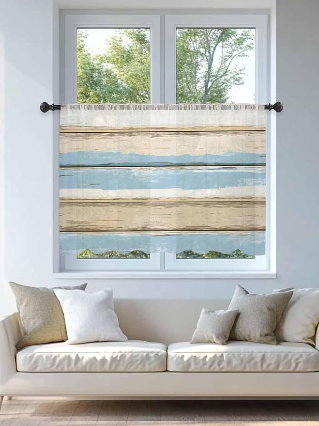 Sheer Curtains 45 Inch Length, Vintage Geometric Blue Semi Sheer Curtains Light Filtering Window Treatment, Abstract Country Shabby Wood Grain Privacy Voile Drapes for Living Room Bedroom 52x45 Inch