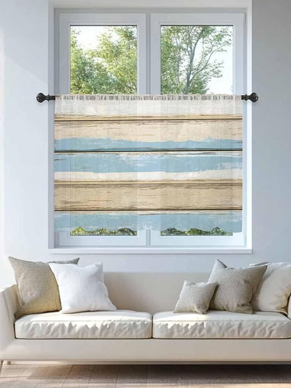 Sheer Curtains 45 Inch Length, Vintage Geometric Blue Semi Sheer Curtains Light Filtering Window Treatment, Abstract Country Shabby Wood Grain Privacy Voile Drapes for Living Room Bedroom 52x45 Inch