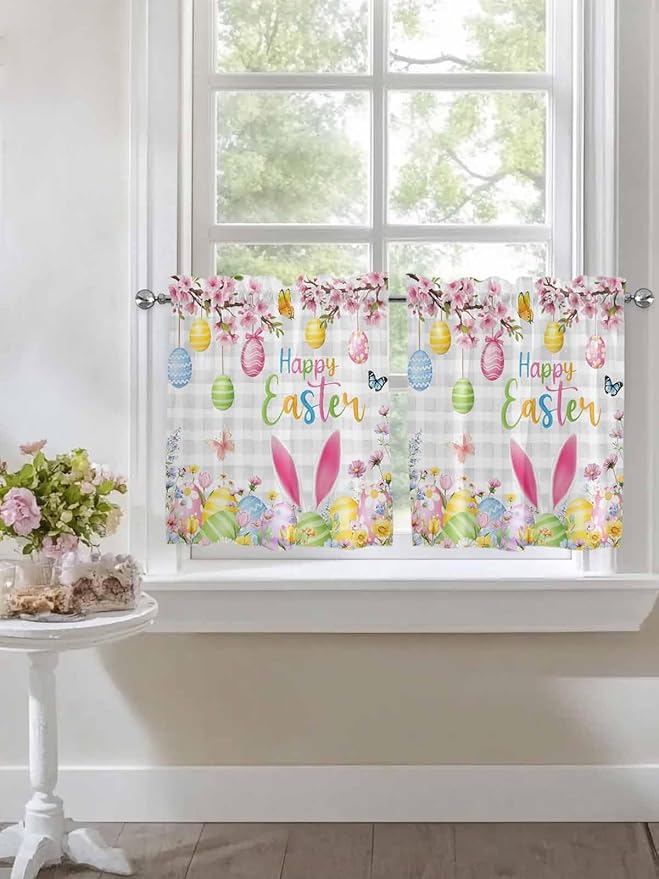 Happy Easter Half Window Curtain 36 Inches Long, Spring Watercolor Bunny Eggs Flower Grey Plaid Window Treatment Curtain Drapes, Small Tier Curtains for Bathroom Over Sink, 27.5"x36", 2 Panels