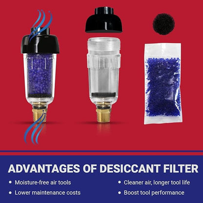 LEMATEC Compressed Air Dryer with Desiccant Filter System - Removes Oil, Water & Moisture for Pneumatic Tools, HVLP Paint Spray Guns - 150 PSI, 22 CFM Flow Rate - 1/4"