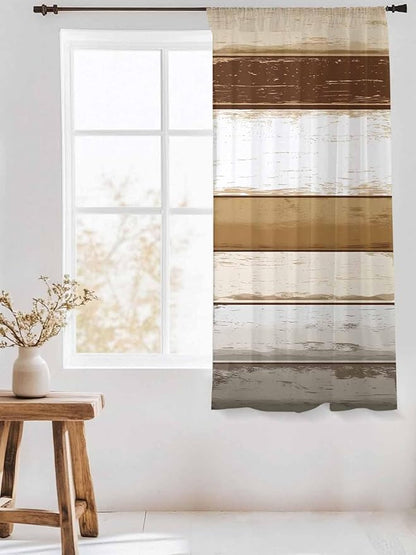 Sheer Curtains 72 Inches Long, Brown Wood Grain Semi Sheer Curtains Light Filtering Window Treatment, Vintage Country Geometric Striped Privacy Voile Drapes for Living Room Bedroom 52x72 Inch