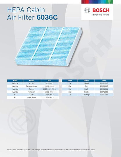 BOSCH 6036C HEPA Cabin Air Filter - Compatible with Select Hyundai Accent, Genesis Coupe, Tucson, Veloster; Kia Forte, Forte Koup, Forte5, Rio, Rio5, Rondo, Sportage