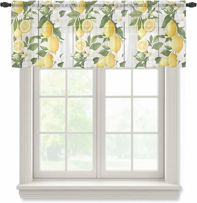 Spring Summer Lemon Sheer Valance Curtains, Leaf Flower White Wood Grain Light Filtering Kitchen Valances Rod Pocket Voile Curtain Window Treatment for Bedroom/Living Room/Basement 54Wx18L