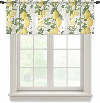 Spring Summer Lemon Sheer Valance Curtains, Leaf Flower White Wood Grain Light Filtering Kitchen Valances Rod Pocket Voile Curtain Window Treatment for Bedroom/Living Room/Basement 60Wx18L