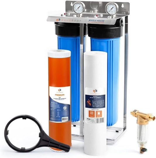 Aquaboon 2-Stage Whole House Water Filter System 20x4.5 inch with Prefilter & KDF, Sediment, Gauge & Release, Wrench, Freestanding Steel Frame