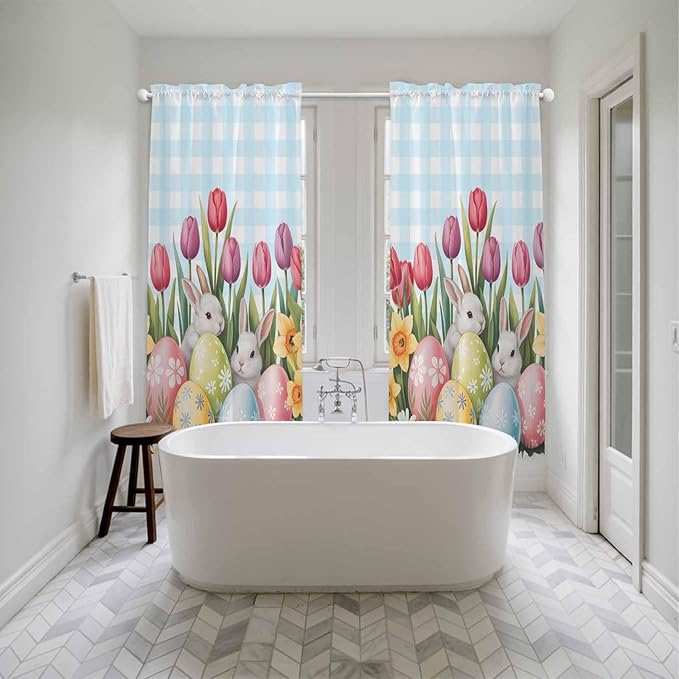 Easter Window Curtains 72 Inch Long 2 Panel Set,Rod Pocket Long Curtains & Drapes,Spring Bunny Colorful Eggs Tulip Flowers Blue Check Light Filtering Window Treatment for Bedroom 52"W x 72"L