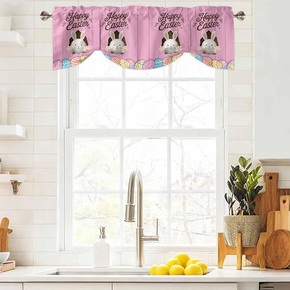 Pink Easter Tie Up Valance Curtains for Windows,Kitchen Curtains Window Shades,Easter Bunny Eggs Spring Cartoon Farmhouse Wood Grain Light Filtering Curtain Valances for Bedroom/Bathroom/Cafe 54"x18"