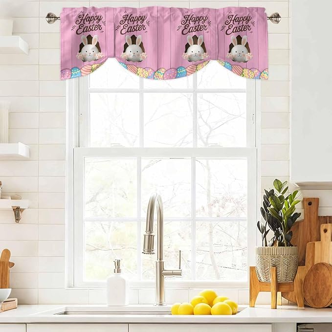 Pink Easter Tie Up Valance Curtains for Windows,Kitchen Curtains Window Shades,Easter Bunny Eggs Spring Cartoon Farmhouse Wood Grain Light Filtering Curtain Valances for Bedroom/Bathroom/Cafe 60"x18"