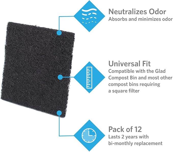Glad Charcoal Filters for Compost Bins, Odor Absorbing Carbon Replacement Pads for Kitchen Waste, 2 Year Supply, 2.56-inch Squares, 12 Count