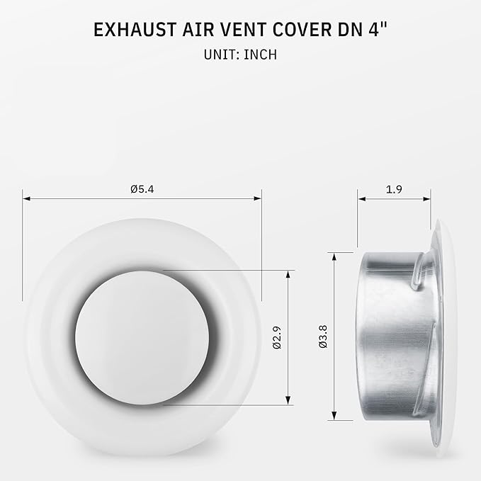 calimaero® TVSA 4 Inch AC Vent Cover Round Adjustable Steel Air Vent Deflector Inline Bathroom Air Duct Vent Cover Grille Exhaust White RAL 9016 HVAC