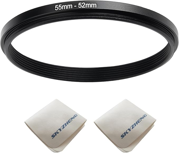 55mm Lens to 52mm Camera Lens Adapter 55mm to 52mm Step Down Ring Adapter Ring for All Brands of UV ND CPL, with Premium Lens Wiping Cloth 2 Pack (55mm-52mm)