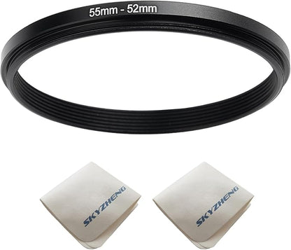55mm Lens to 52mm Camera Lens Adapter 55mm to 52mm Step Down Ring Adapter Ring for All Brands of UV ND CPL, with Premium Lens Wiping Cloth 2 Pack (55mm-52mm)
