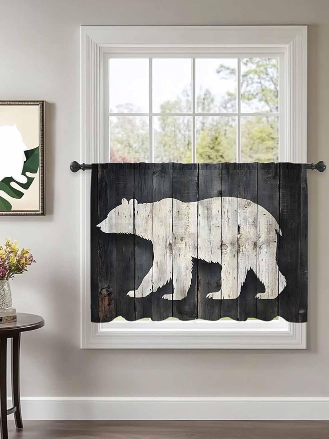 Sheer Curtains 45 Inch Length, White Brown Bear Semi Sheer Curtains Light Filtering Window Treatment, Rustic Counrty Vintage Wood Grain Privacy Voile Drapes for Living Room Bedroom 52x45 Inch