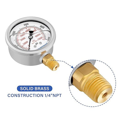 MEASUREMAN 2-1/2" Dial Size, Glycerin Filled Pressure Gauge, 0-10000psi/kpa, 304 Stainless Steel Case, 1/4" NPT Lower Mount