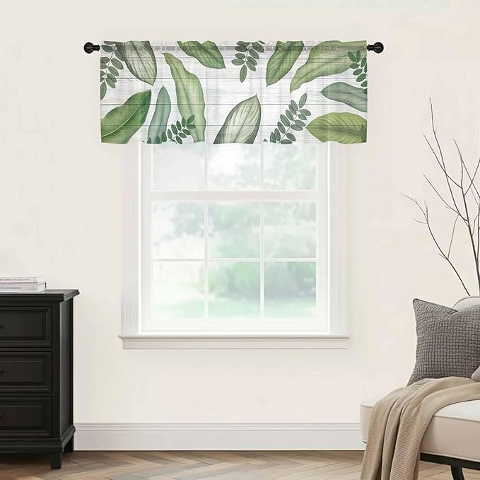 Summer Palm Leaf Sheer Valance Curtains, Green Tropical Plants Nature Leaves Wood Grain Light Filtering Kitchen Valances Rod Pocket Voile Curtain Treatment for Bedroom/Living Room/Basement 42Wx18L