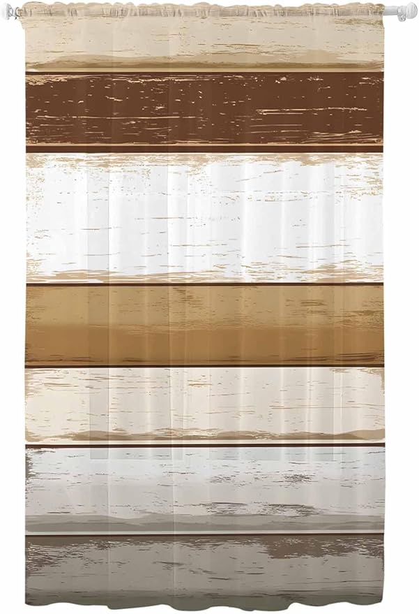 Sheer Curtains 84 Inches Long, Brown Wood Grain Semi Sheer Curtains Light Filtering Window Treatment, Vintage Country Geometric Striped Privacy Voile Drapes for Living Room Bedroom 52x84 Inch