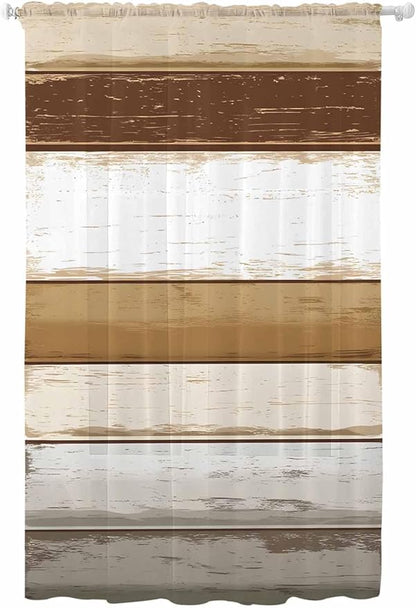 Sheer Curtains 108 Inches Long, Brown Wood Grain Semi Sheer Curtains Light Filtering Window Treatment, Vintage Country Geometric Striped Privacy Voile Drapes for Living Room Bedroom 52x108 Inch