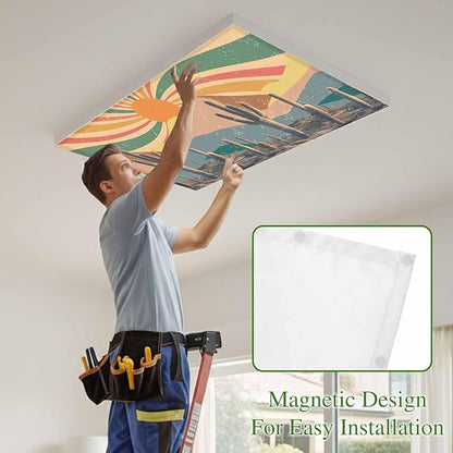 Fluorescent Light Covers for Ceiling Lights Cactus Desert Magnetic Light Filters 1 Pack 4x2 ft Boho Abstract Sun Mountain Rainbow Ceiling Lights Cover for Classroom Office School Home Drop Lamp Decor