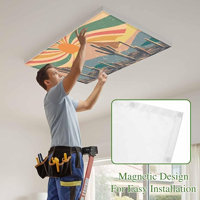 Fluorescent Light Covers for Ceiling Lights Cactus Desert Magnetic Light Filters 3 Pack 4x2 ft Boho Abstract Sun Mountain Rainbow Ceiling Lights Cover for Classroom Office School Home Drop Lamp Decor