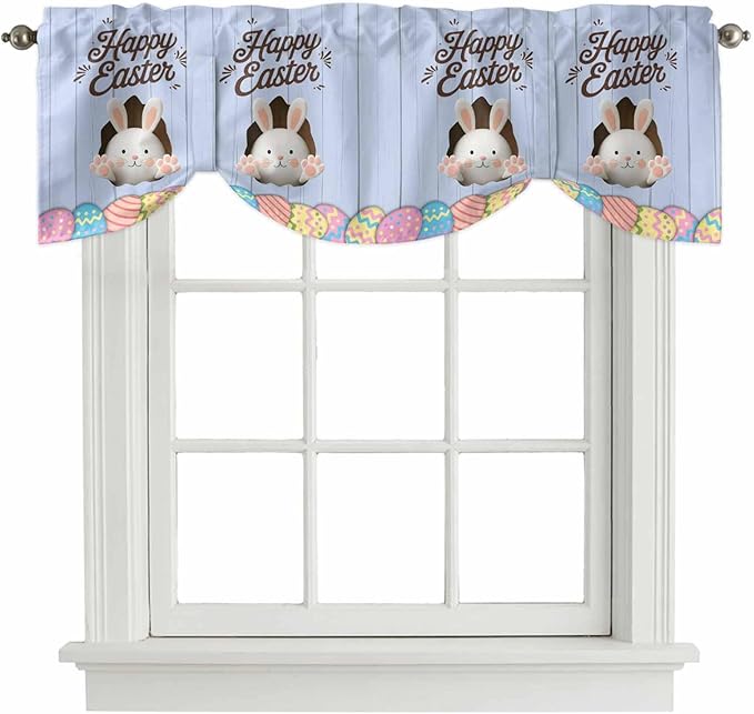 Blue Easter Tie Up Valance Curtains for Windows, Kitchen Curtains Window Shades, Spring Cartoon Bunny Colorful Eggs Wood Grain Light Filtering Roman Curtain Valances for Bedroom/Bathroom/Cafe 54"x18"