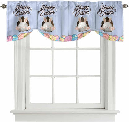 Blue Easter Tie Up Valance Curtains for Windows, Kitchen Curtains Window Shades, Spring Cartoon Bunny Colorful Eggs Wood Grain Light Filtering Roman Curtain Valances for Bedroom/Bathroom/Cafe 42"x18"