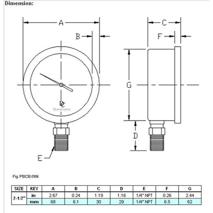 2-1/2" Oil Filled Pressure Gauge - Stainless Steel Case, Brass, 1/4" NPT, Lower Mount Connection, 0-100
