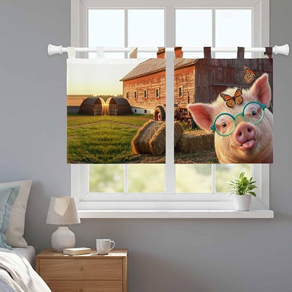 Farm Pig Kitchen Curtains 36 Inch Length, Small Window Curtains Tab Top, Farmhouse Barn Funny Animals Butterfly Light Filtering Short Window Treatments Tier Drapes 27.5"x36" 2 Panel