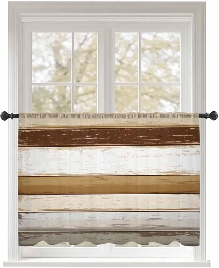 Sheer Curtains 54 Inch Length, Brown Wood Grain Semi Sheer Curtains Light Filtering Window Treatment, Vintage Country Geometric Striped Privacy Voile Drapes for Living Room Bedroom 52x54 Inch