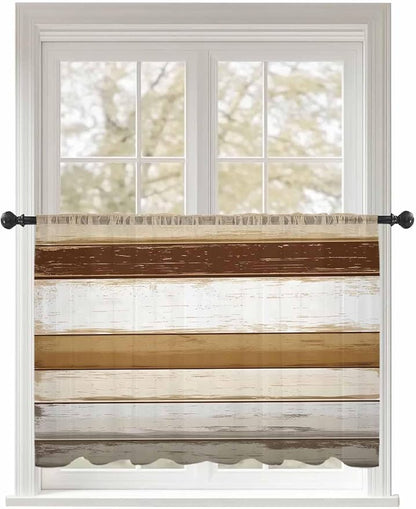 Sheer Curtains 54 Inch Length, Brown Wood Grain Semi Sheer Curtains Light Filtering Window Treatment, Vintage Country Geometric Striped Privacy Voile Drapes for Living Room Bedroom 52x54 Inch