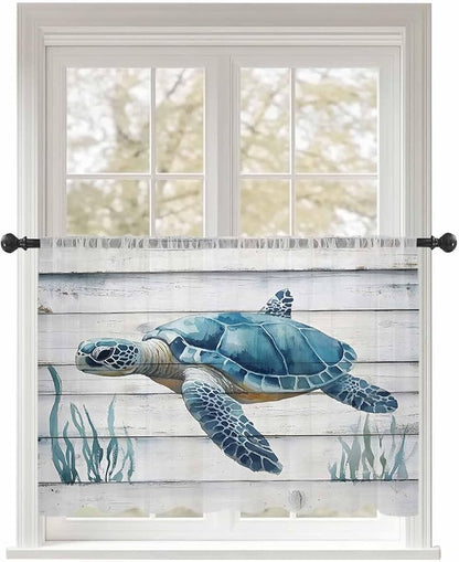 Sheer Curtains 54 Inch Length, Sea Turtle Blue Semi Sheer Curtains Light Filtering Window Treatment, Coastal Ocean Seaweed Wood Grain Privacy Voile Drapes for Living Room Bedroom 52x54 Inch