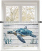 Sheer Curtains 54 Inch Length, Sea Turtle Blue Semi Sheer Curtains Light Filtering Window Treatment, Coastal Ocean Seaweed Wood Grain Privacy Voile Drapes for Living Room Bedroom 52x54 Inch