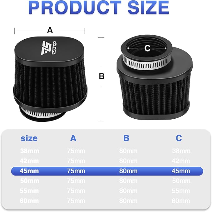2PCS Motorcycle Air Filter Universal 45MM Replacement Engine Filter High Performance Air Filters Fit Motocross Carburetor Cleaner for Pit Bike Scooter Moped ATV (Black)