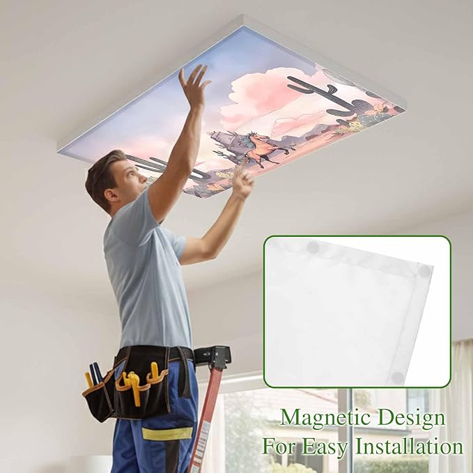 Fluorescent Light Covers for Drop Ceiling Watercolor Running Horse Cactus Magnetic Light Filters, Desert Hill Ombre Sky Ceiling Shade Filters for Home Classroom Office,2x4 ft,2Packs