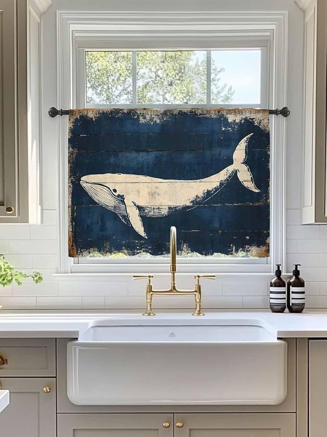 Sheer Curtains 45 Inch Length, Ocean Whale Blue Semi Sheer Curtains Light Filtering Window Treatment, Summer Coastal Vintage Wood Grain Privacy Voile Drapes for Living Room Bedroom 52x45 Inch