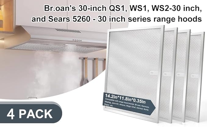 BPS1FA30 Range Hood Grease Filter 11-3/4" x 14-1/4" (4-Pack) Multi-layer Aluminum Mesh Filter,Replaces 99010299 NuTone Allure 30" WS1 QS2 and Broan QS1 30" by oneket