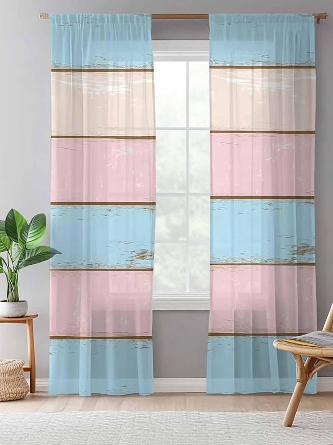 Sheer Curtains 108 Inches Long, Pink Blue Wood Grain Semi Sheer Curtains Light Filtering Window Treatment, Farmhouse Country Shabby Striped Privacy Voile Drapes for Living Room Bedroom 52x108 Inch