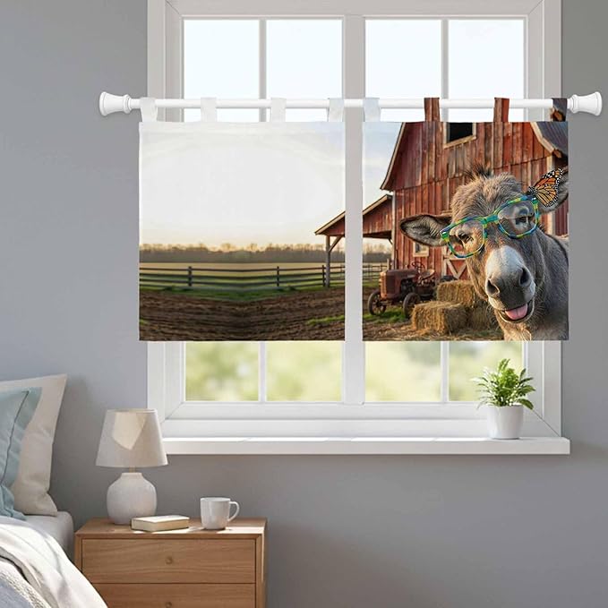 Farm Donkeys Kitchen Curtains 36 Inch Length, Small Window Curtains Tab Top, Farmhouse Barn Funny Animals Butterfly Light Filtering Short Window Treatments Tier Drapes 27.5"x36" 2 Panel