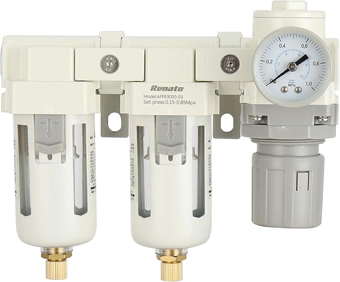 3/8" NPT Three Stage Air Drying System - 0.01 Micron Particulate Filter Air Pressure Regulator Combo - 0-125psi Gauge, Semi-Auto Drain, Metal Bracket