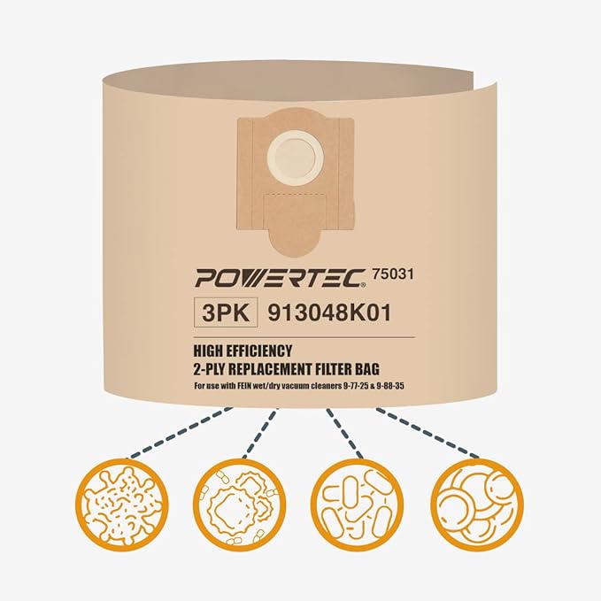 POWERTEC Shop Vacuum Bags 3PK for Fein 913048K01, 69908195016 Vacuum Bag, Replacement Filter Bags for Fein Turbo III 9-77-25, 9-88-35 Wet/Dry Vac Dust Collection Bags, Shop Vacuum Accessories for Fein