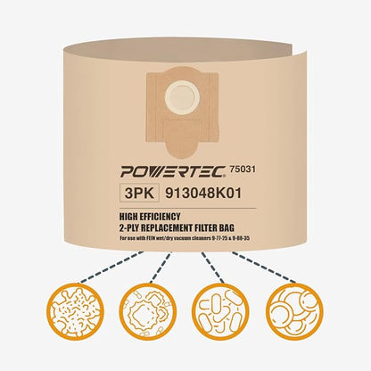 POWERTEC Shop Vacuum Bags 3PK for Fein 913048K01, 69908195016 Vacuum Bag, Replacement Filter Bags for Fein Turbo III 9-77-25, 9-88-35 Wet/Dry Vac Dust Collection Bags, Shop Vacuum Accessories for Fein