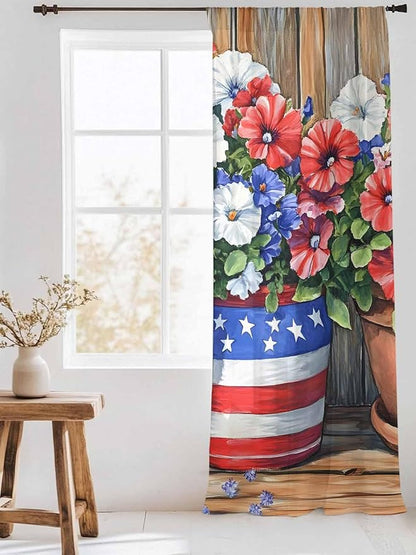 Sheer Curtains 108 Inches Long, Red Blue Flower Semi Sheer Curtains Light Filtering Window Treatment, Retro Independence Day Flag Wood Grain Privacy Voile Drapes for Living Room Bedroom 52x108 Inch