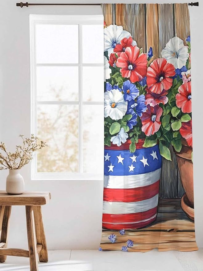 Sheer Curtains 84 Inches Long, Red Blue Flower Semi Sheer Curtains Light Filtering Window Treatment, Retro Independence Day Flag Wood Grain Privacy Voile Drapes for Living Room Bedroom 52x84 Inch