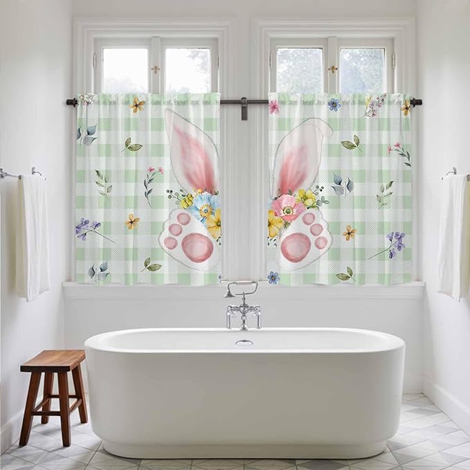 Easter Kitchen Curtains 54 Inch Long 2 Panel Set, Rod Pocket Window Curtains Panels, Spring Bunny Ears Feet Flowers Green Plaid Light Filtering Drapery Draperies for Bathroom Bedroom 52"W x 54"L