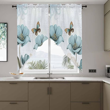 Blue Tulips Swag Valances for Windows, Watercolor Flowers Butterfly Spring Farmhouse Blue Rod Pocket Kitchen Curtains Valance, Kitchen Window Curtains Swag for Cafe Living Room, 2 Panels, 36x63 inch