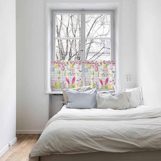 Happy Easter Half Window Curtains 24 Inches Long, Spring Watercolor Bunny Eggs Flower Grey Plaid Window Treatment Curtain Drapes, Short Curtains Tiers for Kitchen Over Sink, 27.5"x24", 2 Panels